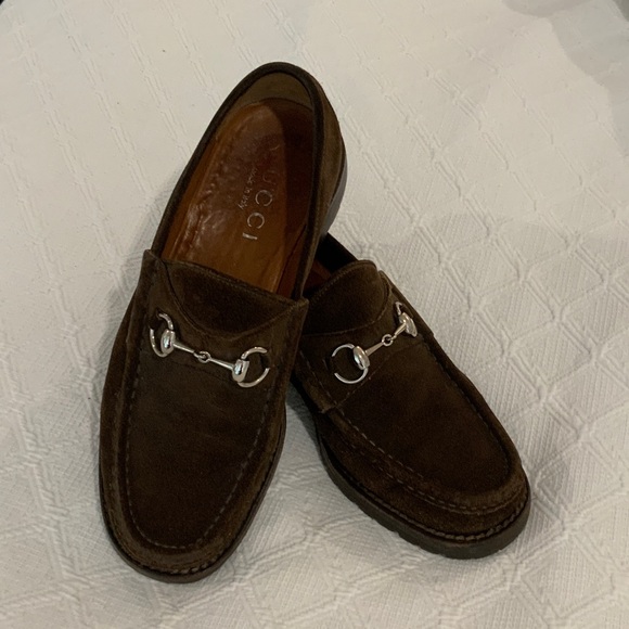 Gucci Men's Dark Brown Suede Horsebit Loafers with Silver Accents - Picture 1 of 10